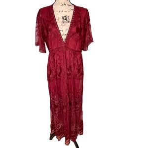 Burgundy‎ Lace Romper with Maxi Dress Overlay Flutter Sleeve V Neck Size L